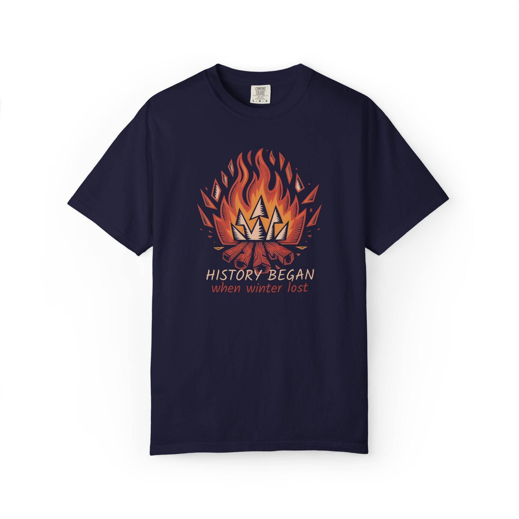 Campfire Illustration T-Shirt | flaming campfire, 'History Began' text