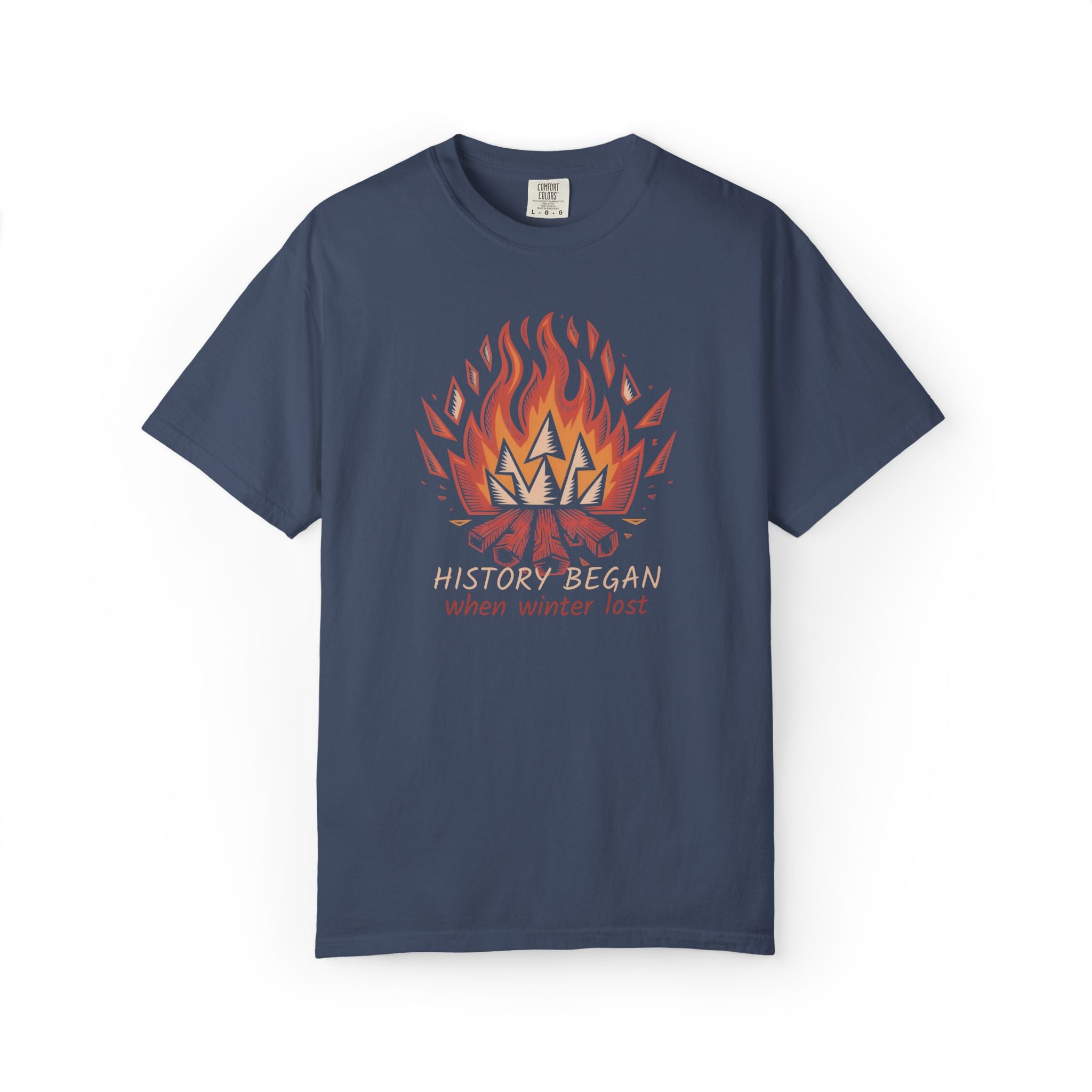 Campfire Illustration T-Shirt | flaming campfire, 'History Began' text