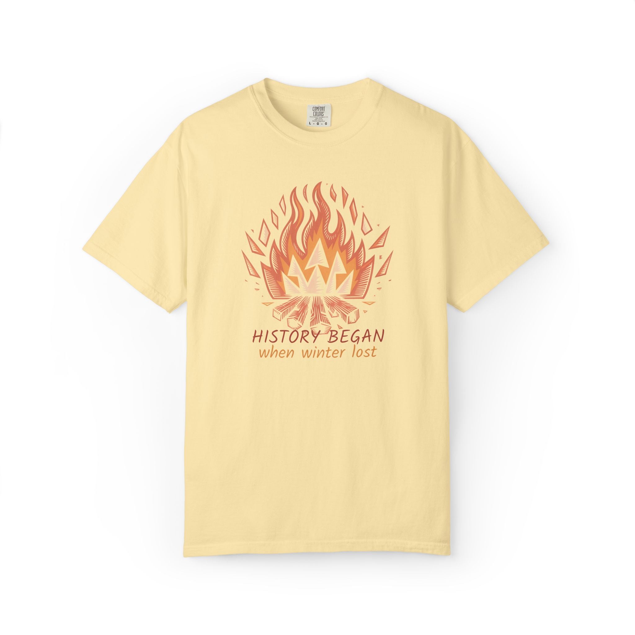 Campfire Illustration T-Shirt | flaming campfire, 'History Began' text