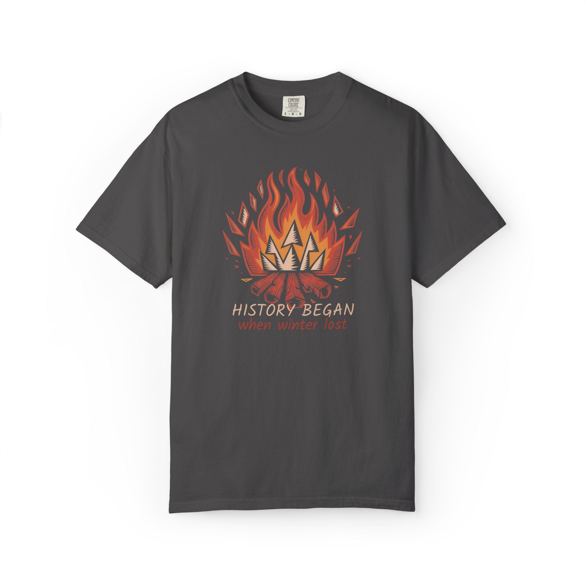 Campfire Illustration T-Shirt | flaming campfire, 'History Began' text