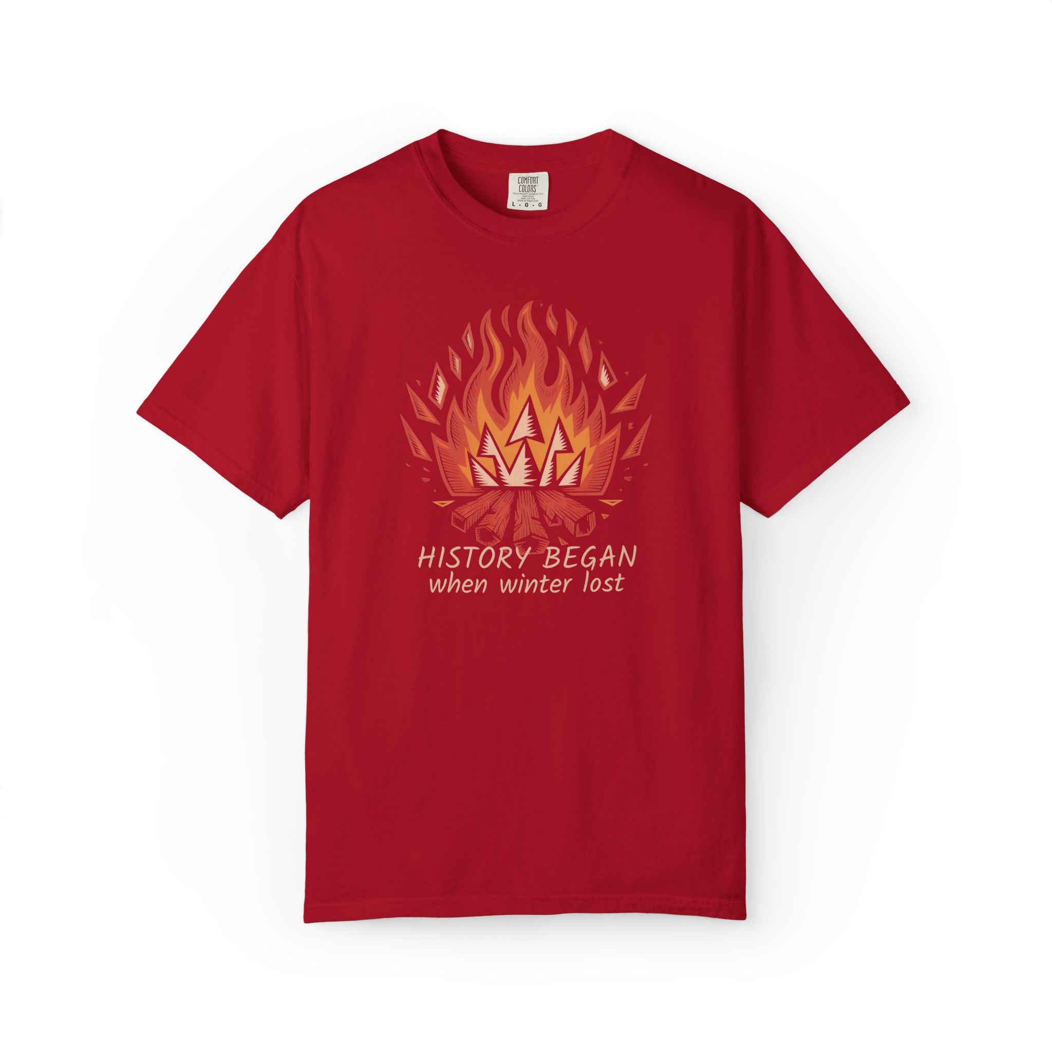 Campfire Illustration T-Shirt | flaming campfire, 'History Began' text