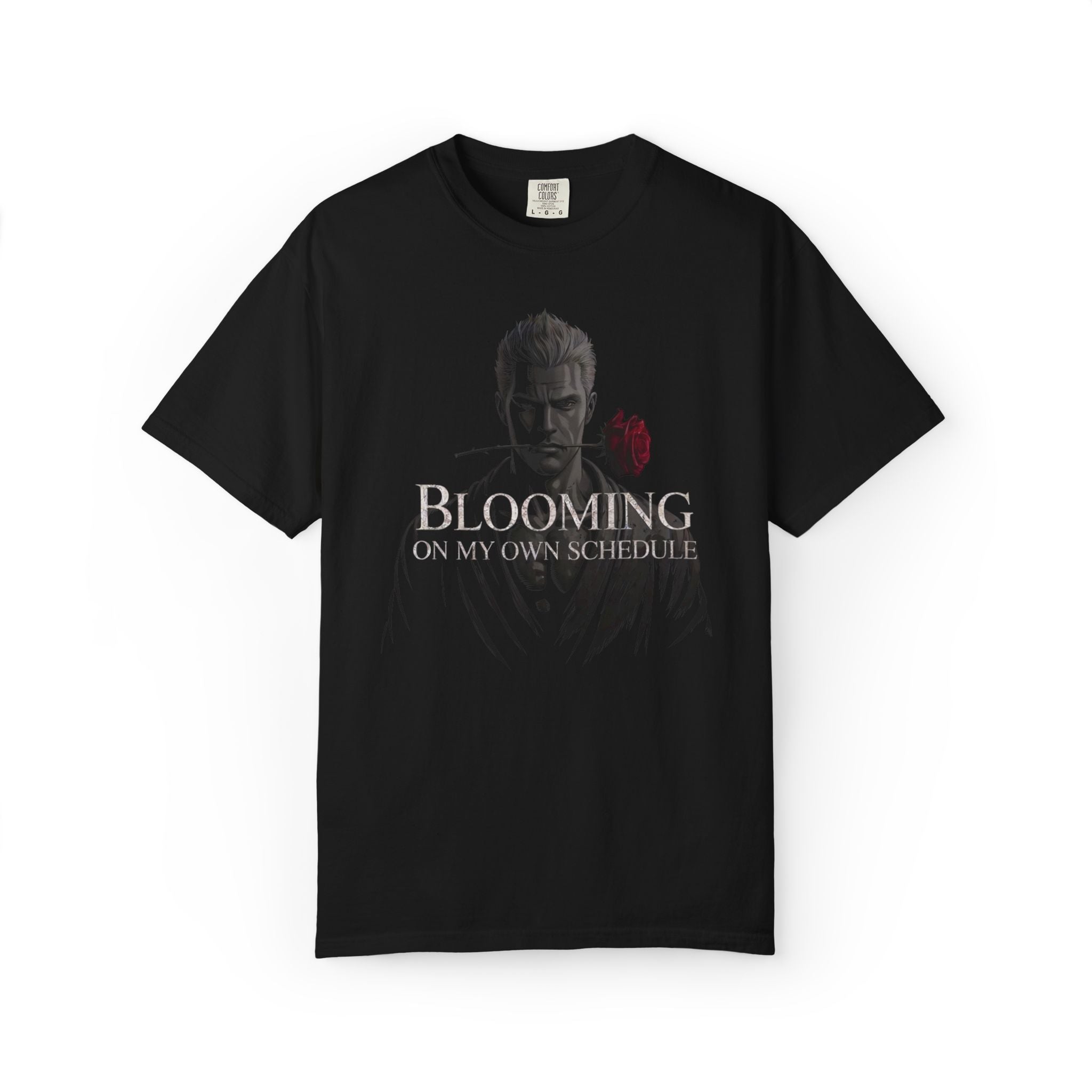 Blooming on My Own Schedule T-shirt | Dark Portrait Rose Graphic