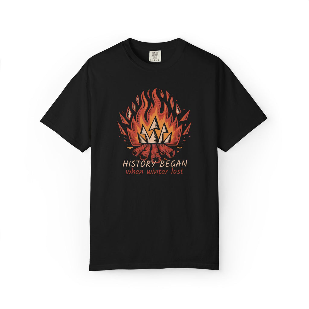 Campfire Illustration T-Shirt | flaming campfire, 'History Began' text