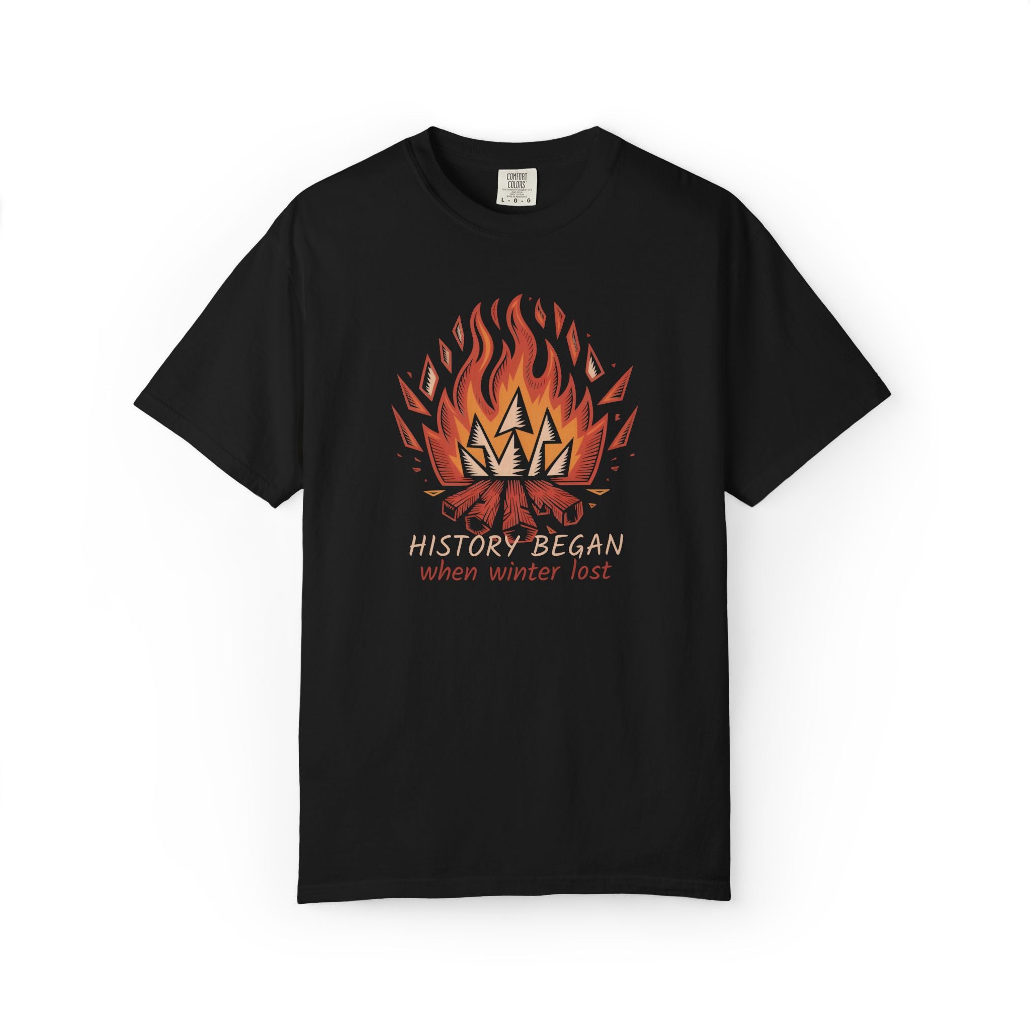 Campfire Illustration T-Shirt | flaming campfire, 'History Began' text
