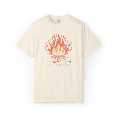 Campfire Illustration T-Shirt | flaming campfire, 'History Began' text